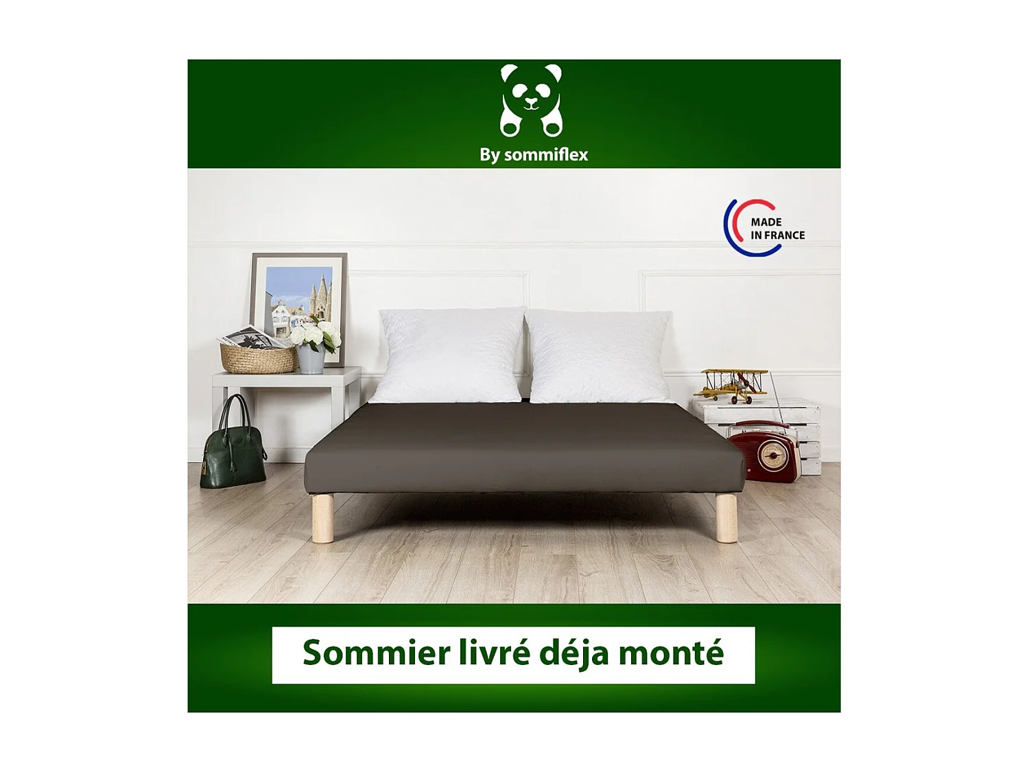 SOMMIER TAPISSIER MARRON 90x200 cm | FABRICATION FRANÇAISE ARTISANALE | PIEDS OFFERTS | HAUTEUR avec PIEDS 27 cm