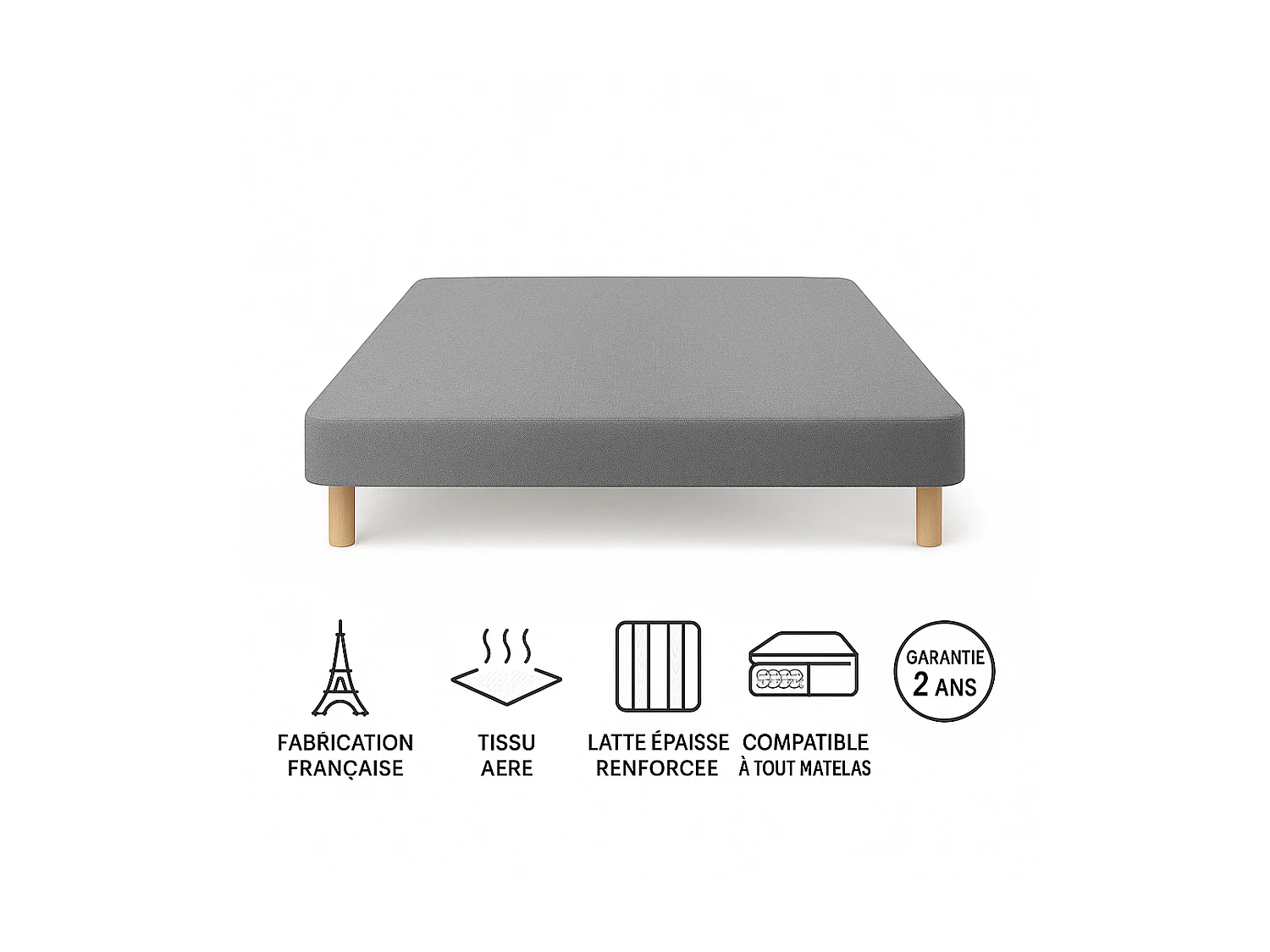 SOMMIER TAPISSIER GRIS 120x190 cm | FABRICATION FRANÇAISE ARTISANALE | PIEDS OFFERTS | HAUTEUR avec PIEDS 27 cm