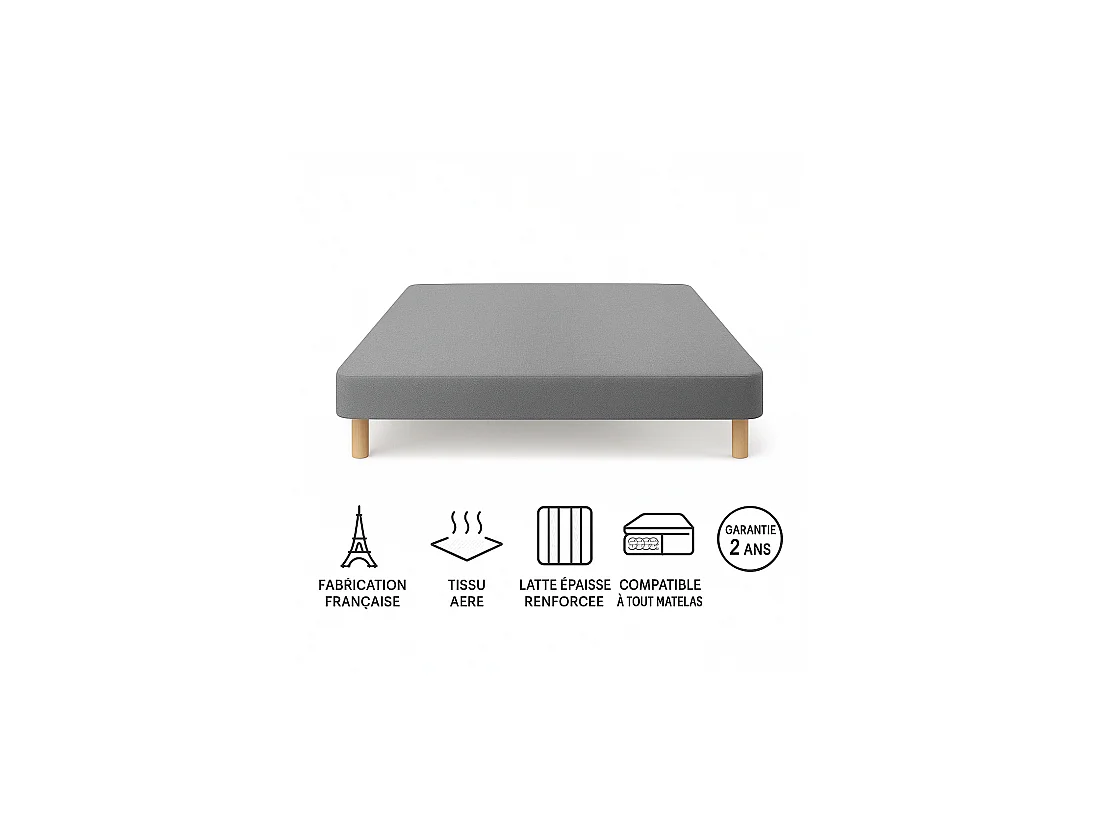 SOMMIER TAPISSIER GRIS 140x190 cm | FABRICATION FRANÇAISE ARTISANALE | PIEDS OFFERTS | HAUTEUR avec PIEDS 27 cm
