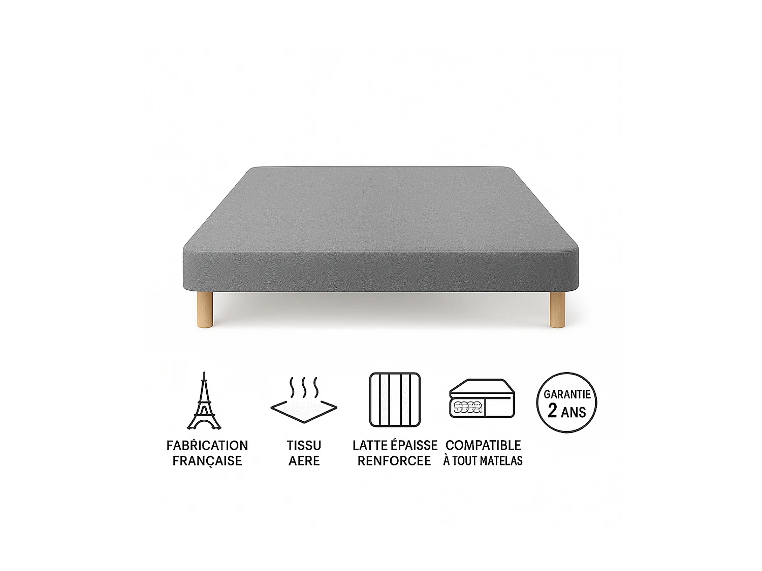 SOMMIER TAPISSIER GRIS 140x190 cm FABRICATION FRANÇAISE ARTISANALE PIEDS OFFERTS HAUTEUR avec PIEDS 27 cm