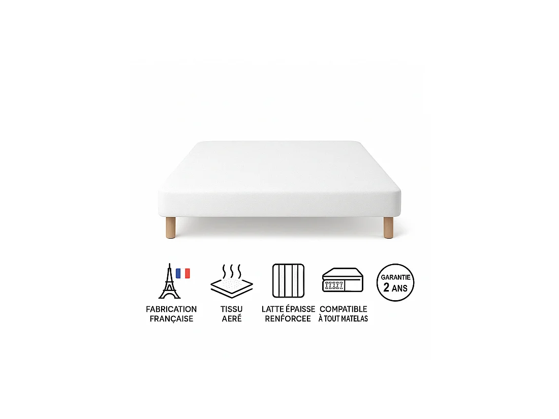SOMMIER TAPISSIER BLANC 140x200 cm | FABRICATION FRANÇAISE ARTISANALE | PIEDS OFFERTS | HAUTEUR avec PIEDS 27 cm