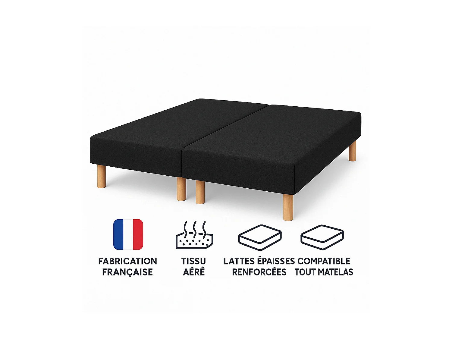 Sommier tapissier 200x200cm (100x200x2 Fabrication Française + Pieds offerts