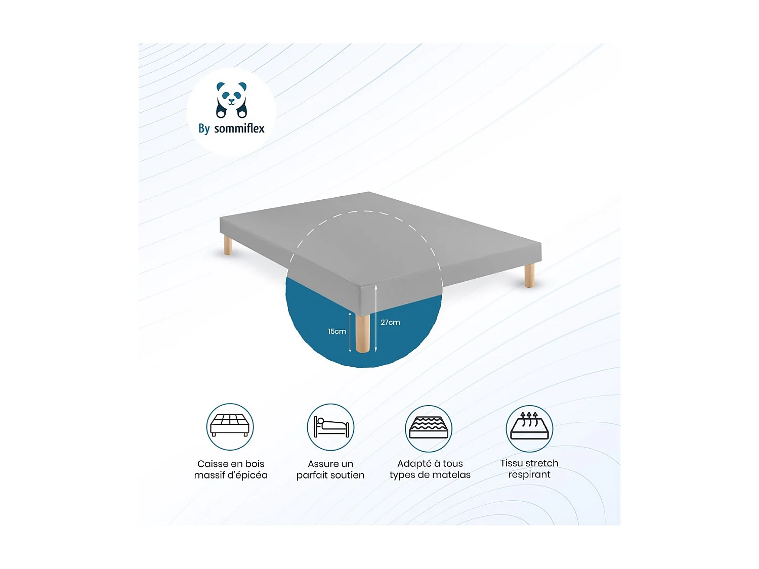 SOMMIER TAPISSIER GRIS 140x200 cm | FABRICATION FRANÇAISE ARTISANALE | PIEDS OFFERTS | HAUTEUR avec PIEDS 27 cm