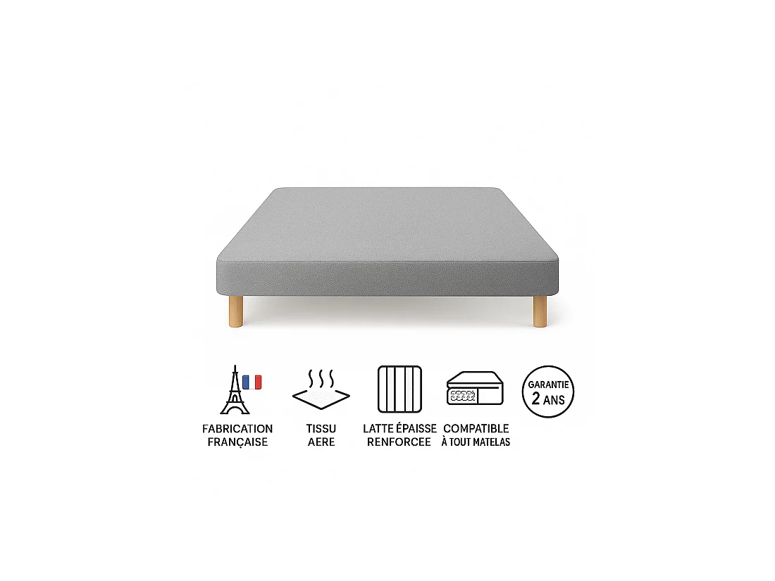 SOMMIER TAPISSIER GRIS 140x200 cm | FABRICATION FRANÇAISE ARTISANALE | PIEDS OFFERTS | HAUTEUR avec PIEDS 27 cm