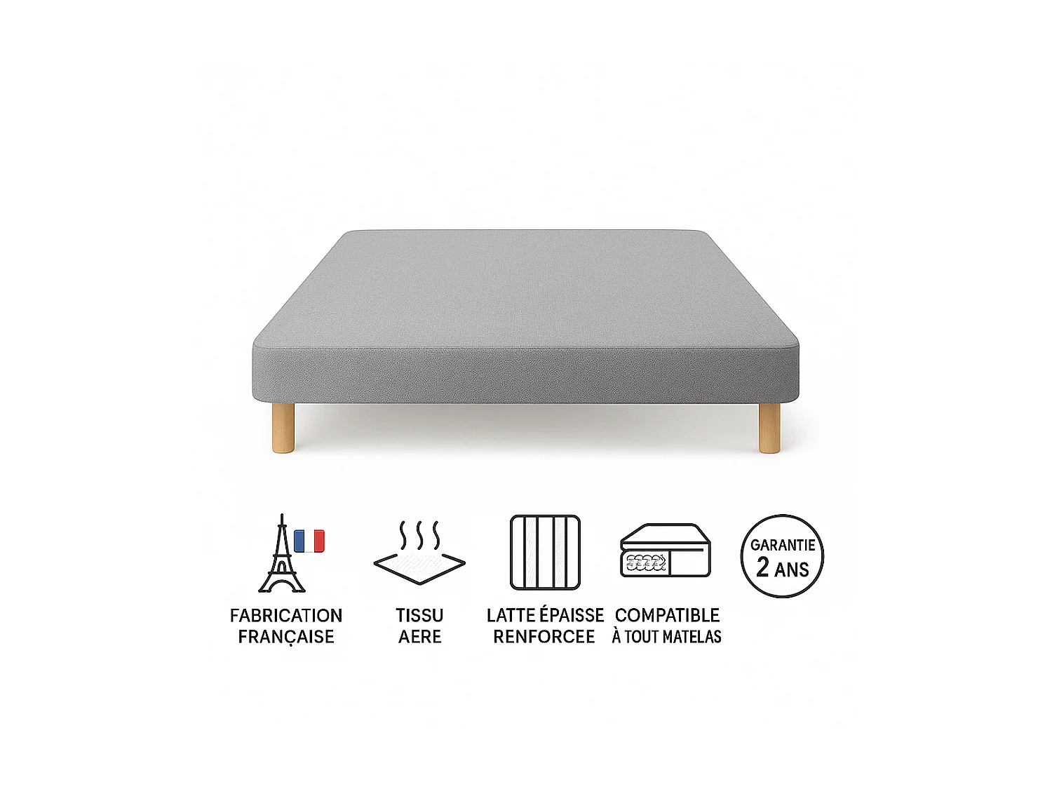 SOMMIER TAPISSIER GRIS 140x200 cm | FABRICATION FRANÇAISE ARTISANALE | PIEDS OFFERTS | HAUTEUR avec PIEDS 27 cm
