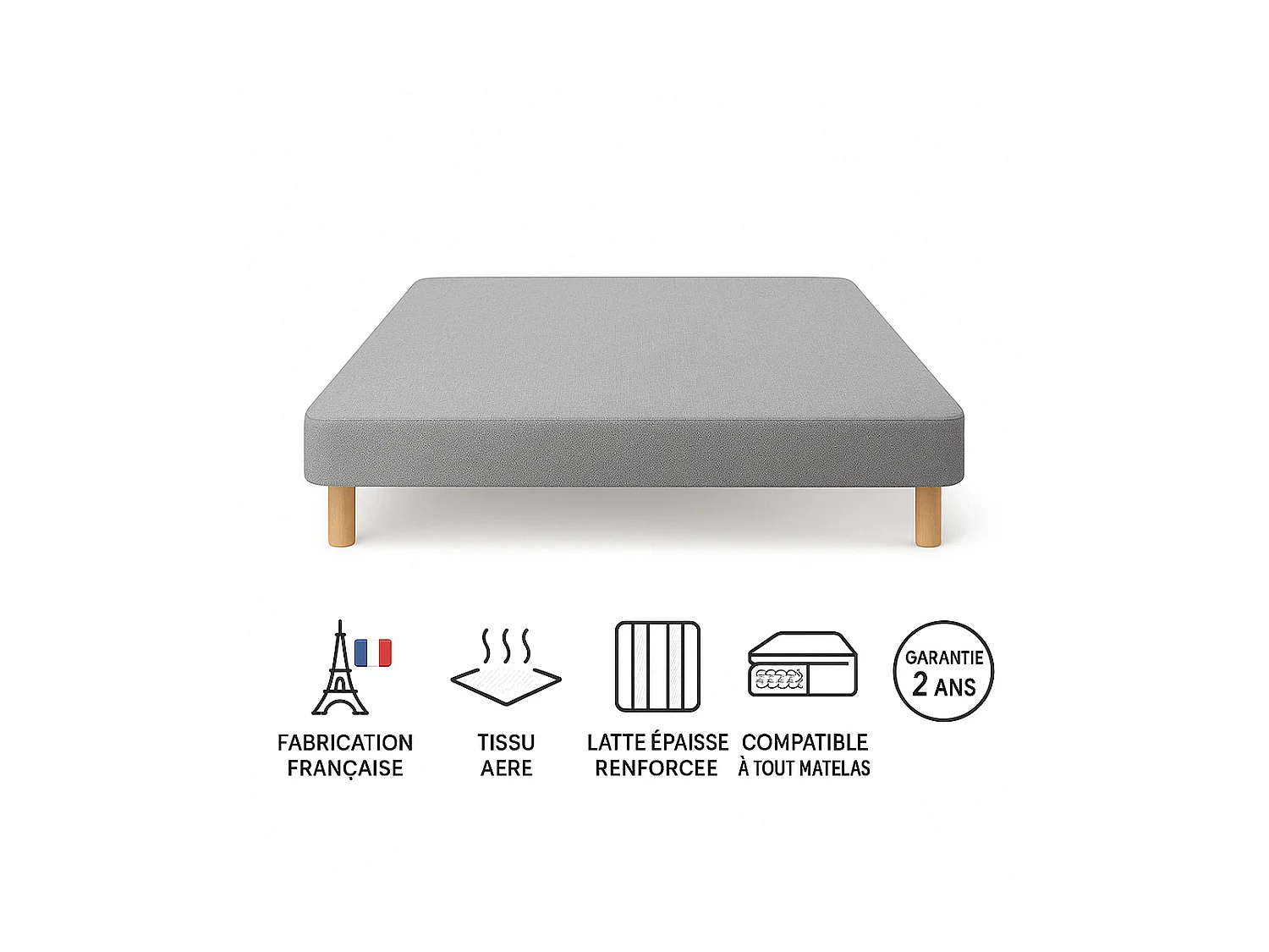 SOMMIER TAPISSIER GRIS 140x200 cm | FABRICATION FRANÇAISE ARTISANALE | PIEDS OFFERTS | HAUTEUR avec PIEDS 27 cm