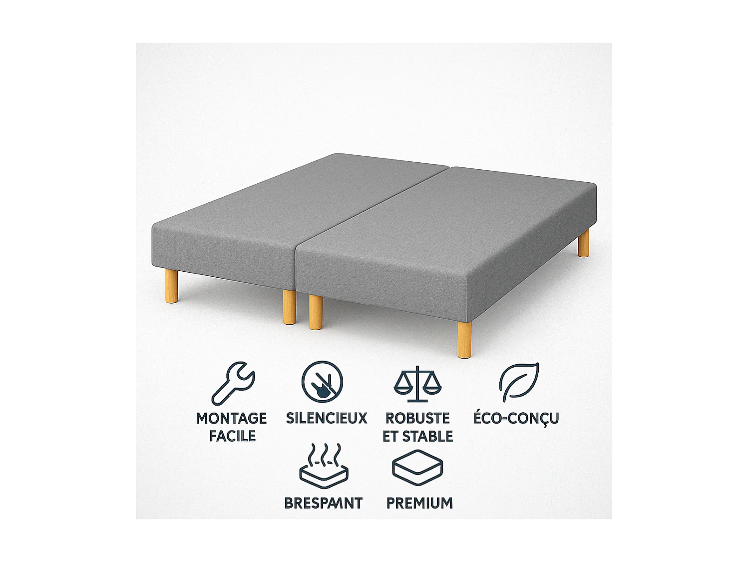 SOMMIER TAPISSIER GRIS 90x200x2 (180x200) | FABRICATION FRANÇAISE ARTISANALE | PIEDS OFFERTS | HAUTEUR avec PIEDS 27 cm