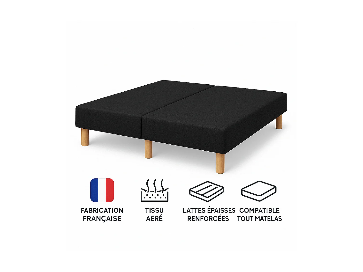 SOMMIER TAPISSIER NOIR 70x200x2 (140x200) | FABRICATION FRANÇAISE ARTISANALE | PIEDS OFFERTS | HAUTEUR avec PIEDS 27 cm