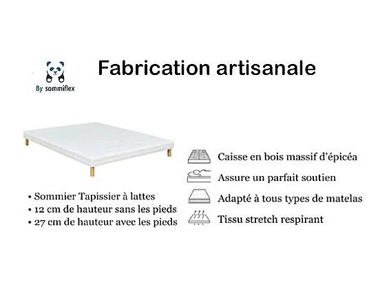 SOMMIER TAPISSIER BLANC 100x200 cm | FABRICATION FRANÇAISE ARTISANALE | PIEDS OFFERTS | HAUTEUR avec PIEDS 27 cm