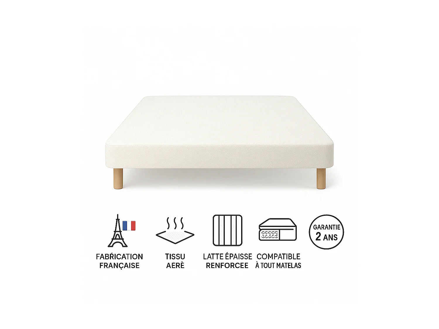 Sommier Tapissier Blanc 120x190 Fabrication Française Artisanale Livré avec Pieds