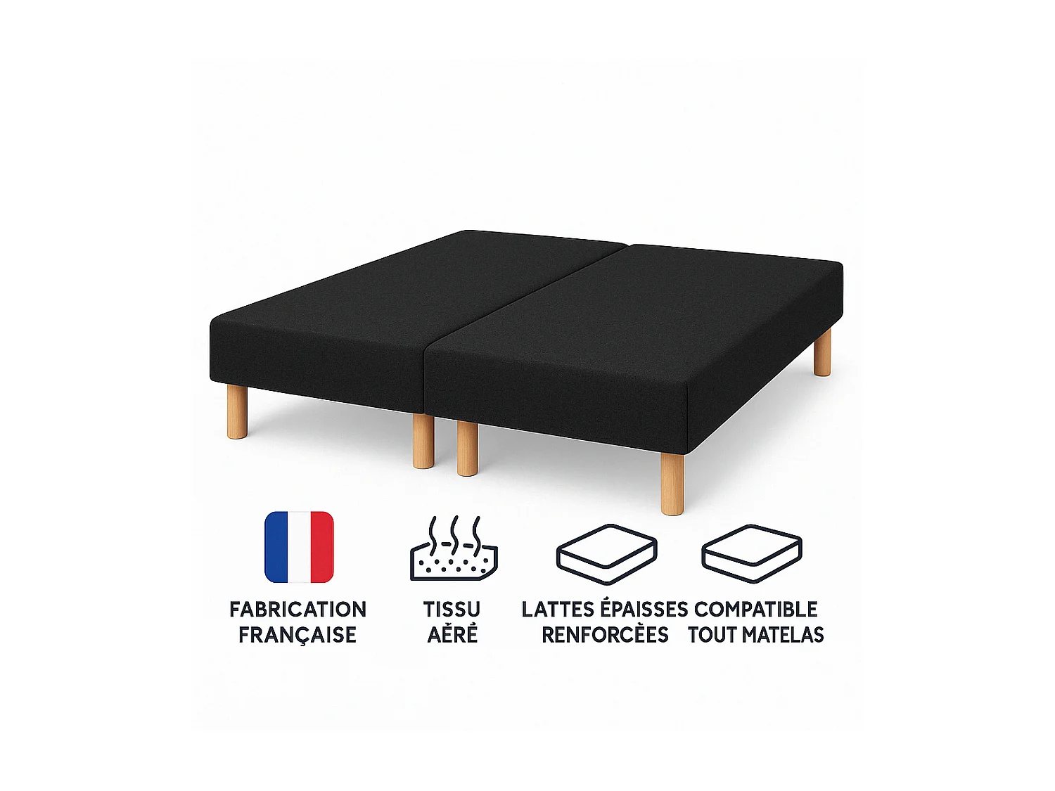 SOMMIER TAPISSIER NOIR 90x200x2 (180x200) | FABRICATION FRANÇAISE ARTISANALE | PIEDS OFFERTS | HAUTEUR avec PIEDS 27 cm