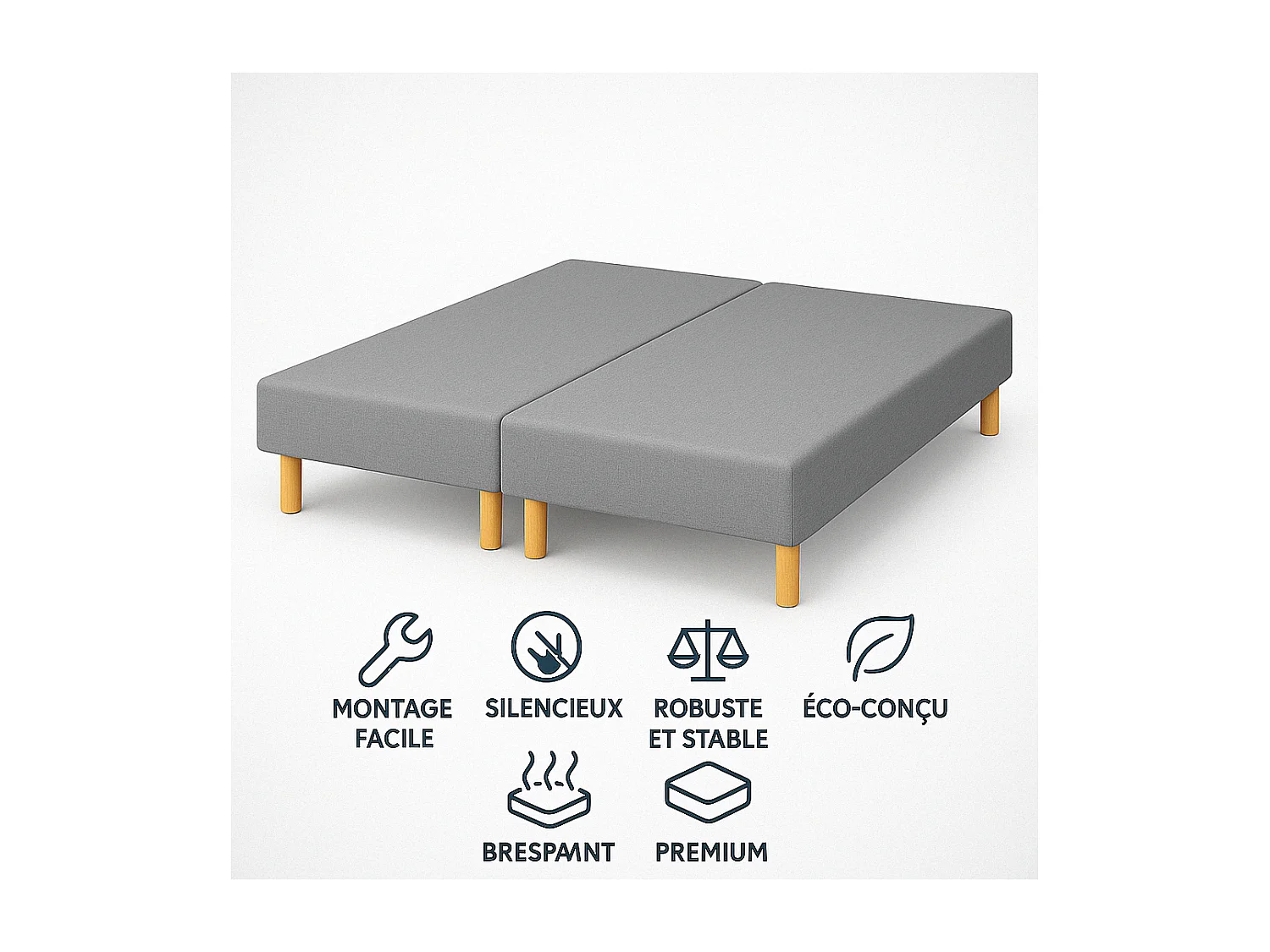SOMMIER TAPISSIER GRIS 100x200x2 (200x200) | FABRICATION FRANÇAISE ARTISANALE | PIEDS OFFERTS | HAUTEUR avec PIEDS 27 cm