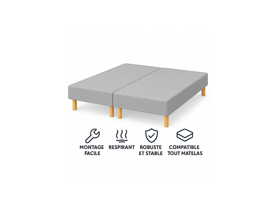 SOMMIER TAPISSIER GRIS 100x200x2 cm (200x200) | FABRICATION FRANÇAISE ARTISANALE | PIEDS OFFERTS | HAUTEUR avec PIEDS 27 cm