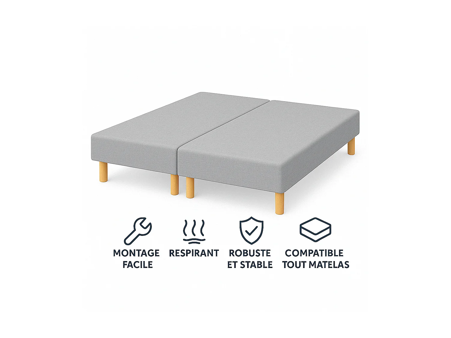 SOMMIER TAPISSIER GRIS 100x200x2 cm (200x200) | FABRICATION FRANÇAISE ARTISANALE | PIEDS OFFERTS | HAUTEUR avec PIEDS 27 cm