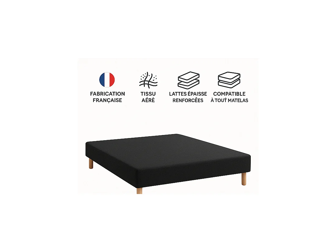 SOMMIER TAPISSIER NOIR 130x200 cm | FABRICATION FRANÇAISE ARTISANALE | PIEDS OFFERTS | HAUTEUR avec PIEDS 28 cm