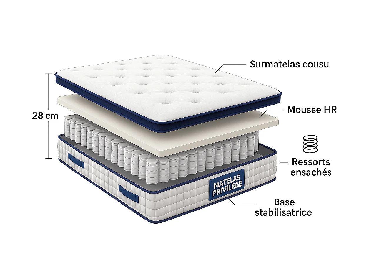 Matelas 140x190 cm Ressorts Ensachés Épaisseur 28 cm Surmatelas Mousse HR Confort MiFerme Garantie 4 Ans