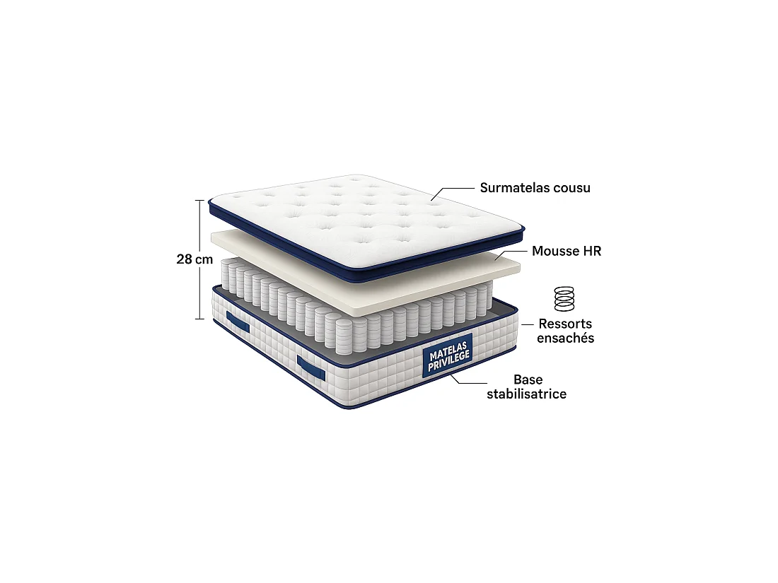 Matelas 140x190 cm Ressorts Ensachés Épaisseur 28 cm Surmatelas Mousse HR Confort MiFerme Garantie 4 Ans