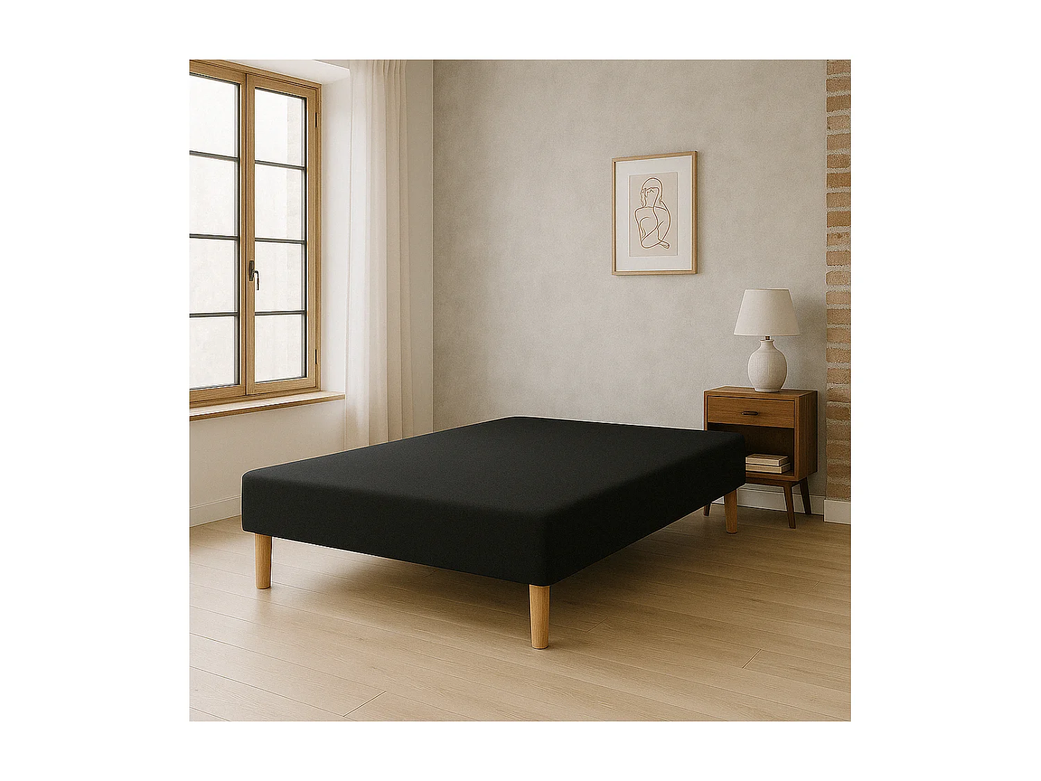 SOMMIER TAPISSIER NOIR 130x190 cm FABRICATION FRANÇAISE ARTISANALE PIEDS OFFERTS HAUTEUR avec PIEDS 27 cm