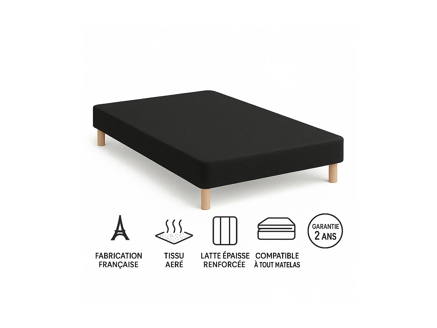 SOMMIER TAPISSIER NOIR 130x190 cm FABRICATION FRANÇAISE ARTISANALE PIEDS OFFERTS HAUTEUR avec PIEDS 27 cm