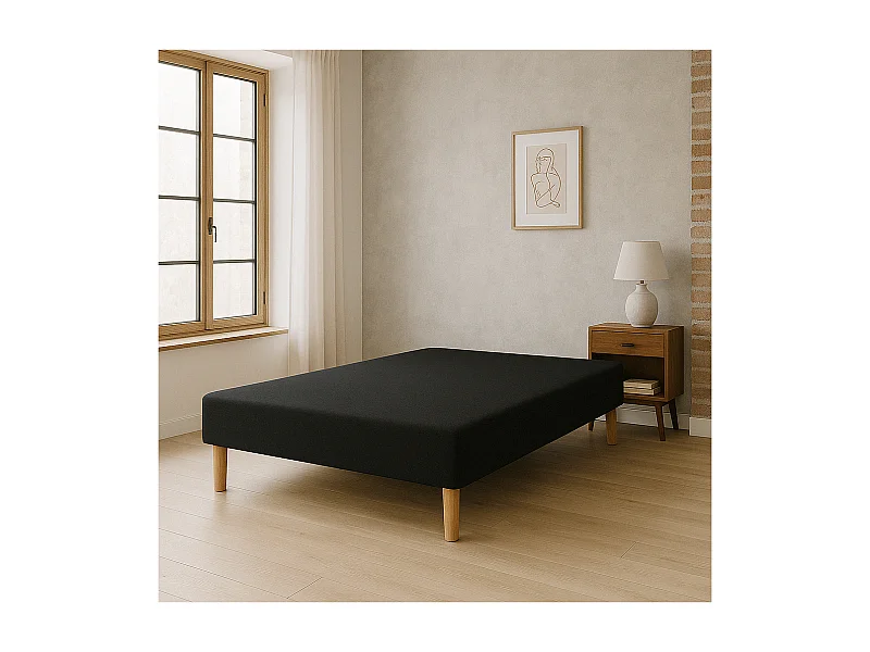 SOMMIER TAPISSIER NOIR 130x190 cm FABRICATION FRANÇAISE ARTISANALE PIEDS OFFERTS HAUTEUR avec PIEDS 27 cm