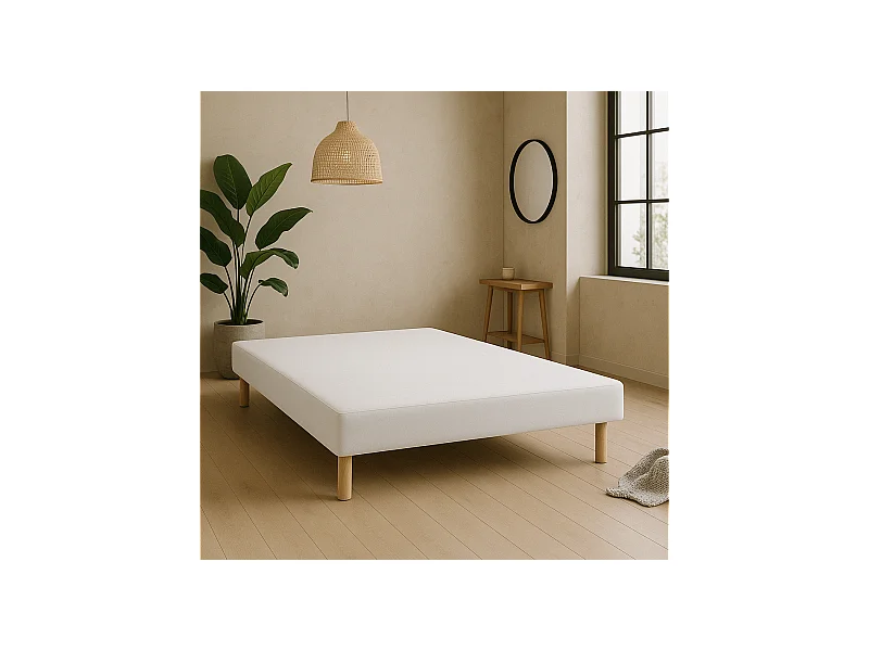 SOMMIER TAPISSIER BLANC 140x190 cm | FABRICATION FRANÇAISE ARTISANALE | PIEDS OFFERTS | HAUTEUR avec PIEDS 27 cm