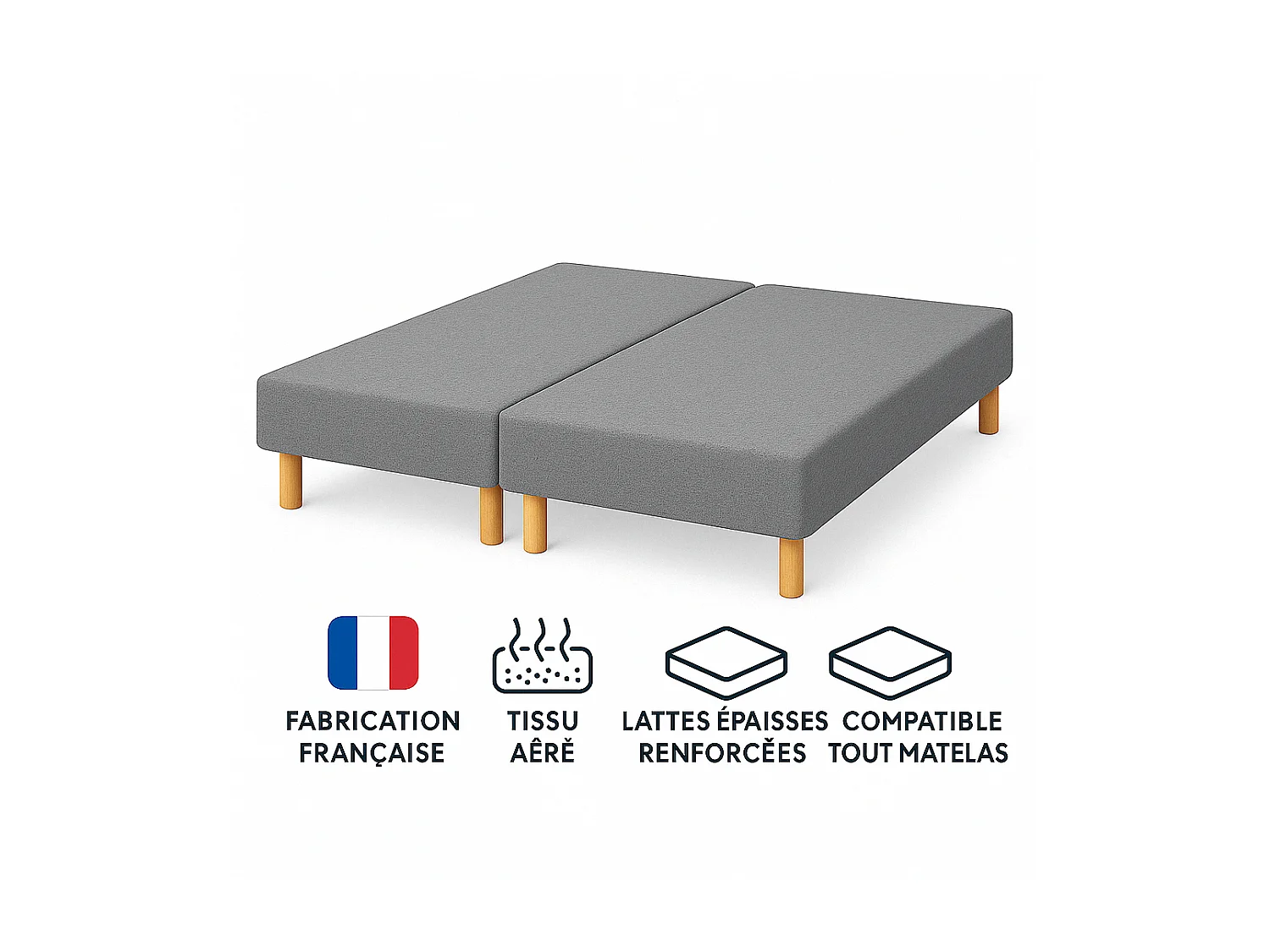 SOMMIER TAPISSIER GRIS 70x200x2 (140x200) | FABRICATION FRANÇAISE ARTISANALE | PIEDS OFFERTS | HAUTEUR avec PIEDS 27 cm