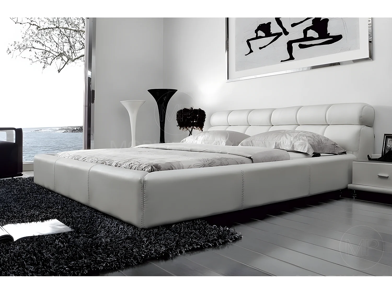 Lit en cuir italien de luxe REVA, 140x190, blanc