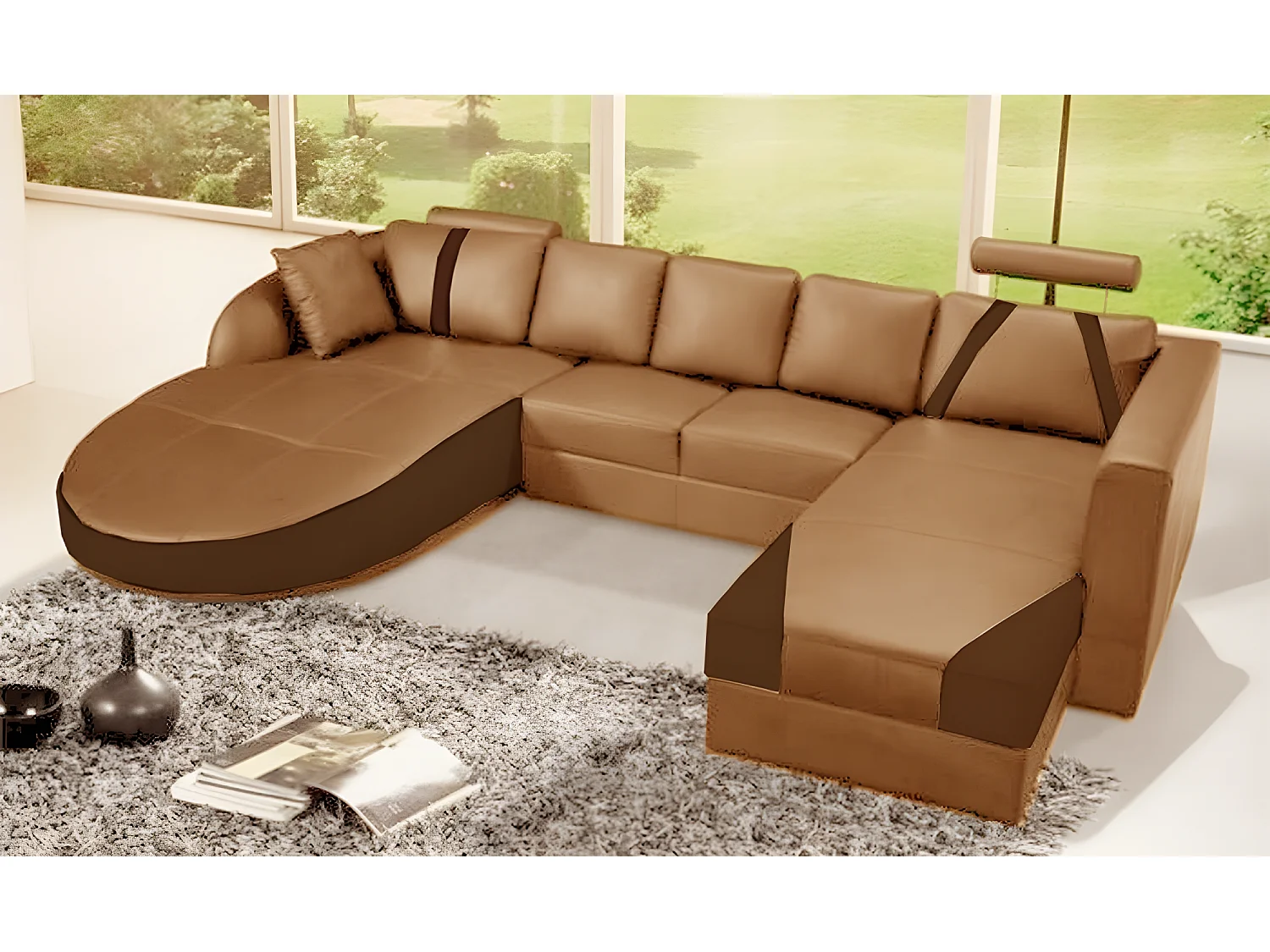 Canapé d'angle en cuir italien 7/8 places NAPLES, marron et chocolat, angle droit et méridienne à gauche (vu de face)