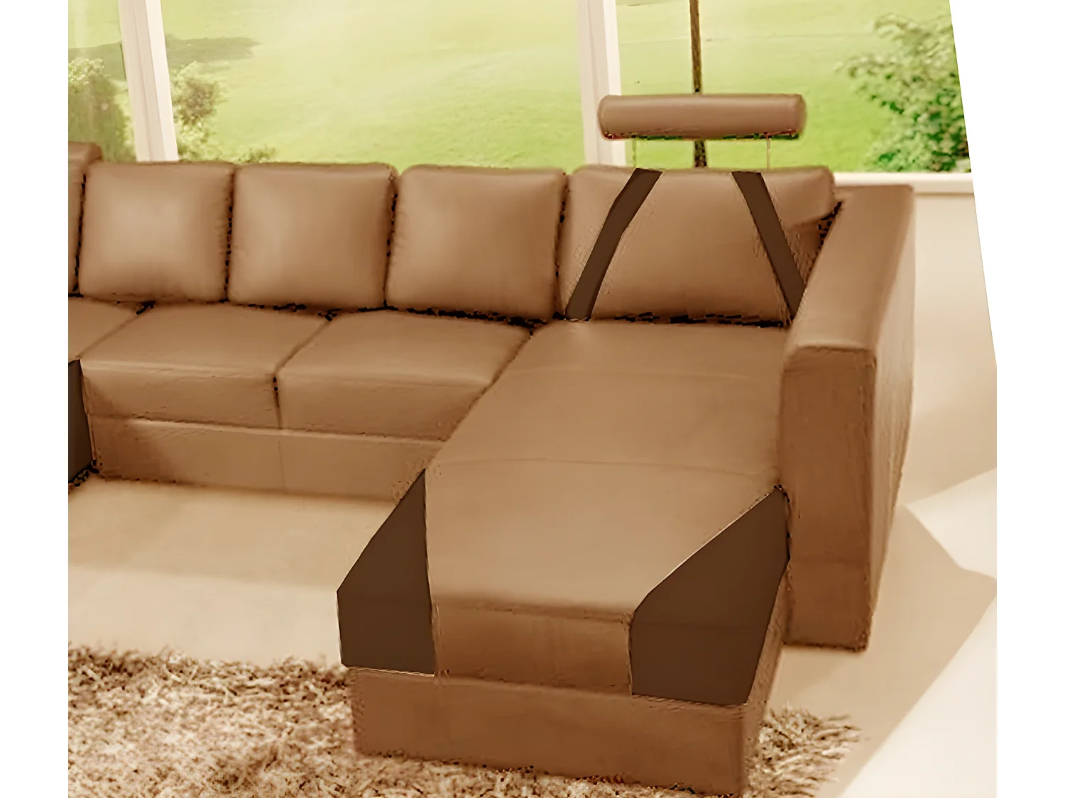 Canapé d'angle en cuir italien 7/8 places NAPLES, marron et chocolat, angle droit et méridienne à gauche (vu de face)