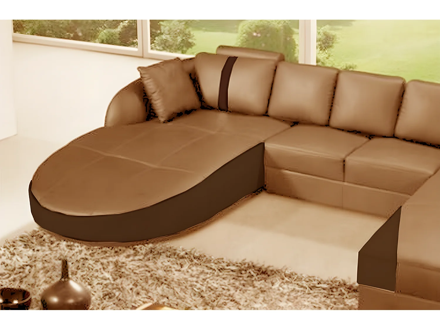 Canapé d'angle en cuir italien 7/8 places NAPLES, marron et chocolat, angle droit et méridienne à gauche (vu de face)