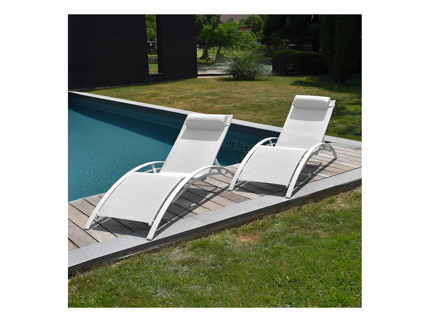 Lot de 2 transats GALAPAGOS en textilène blanc - aluminium blanc - HAPPY GARDEN
