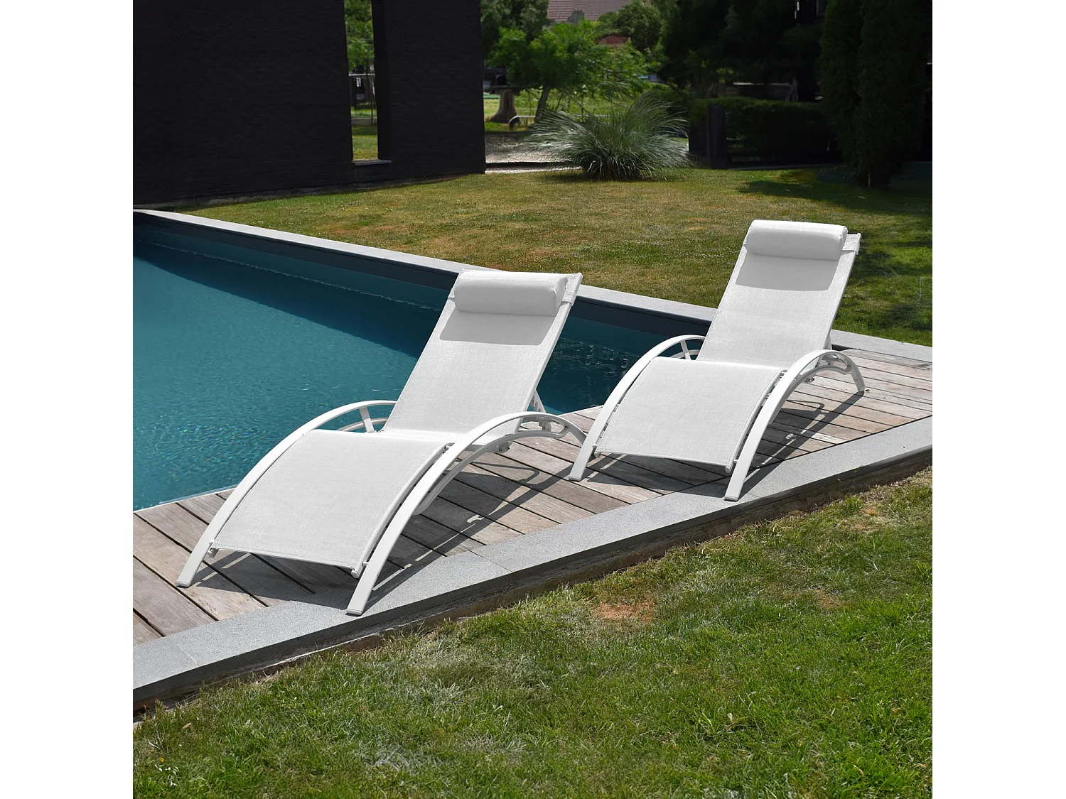 Lot de 2 transats GALAPAGOS en textilène blanc - aluminium blanc - HAPPY GARDEN