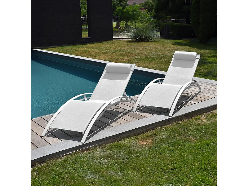 Lot de 2 transats GALAPAGOS en textilène blanc - aluminium blanc - HAPPY GARDEN