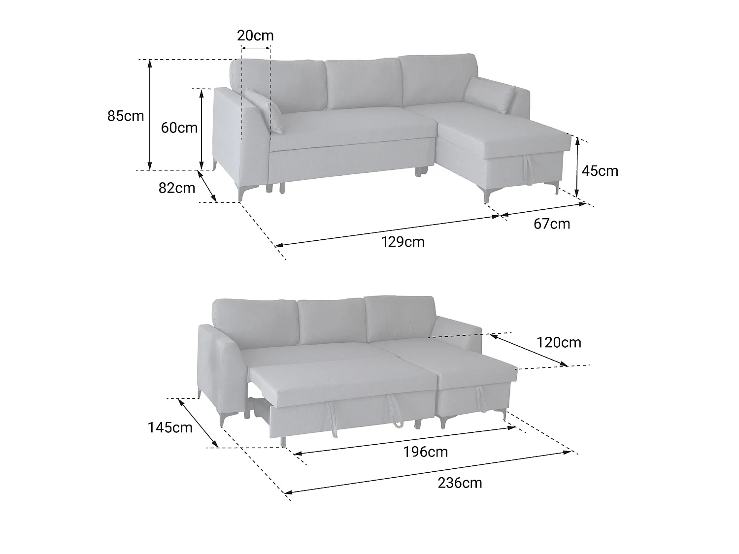 Ecksofa, umwandelbar, LOGAN, 3-Sitzer, grau