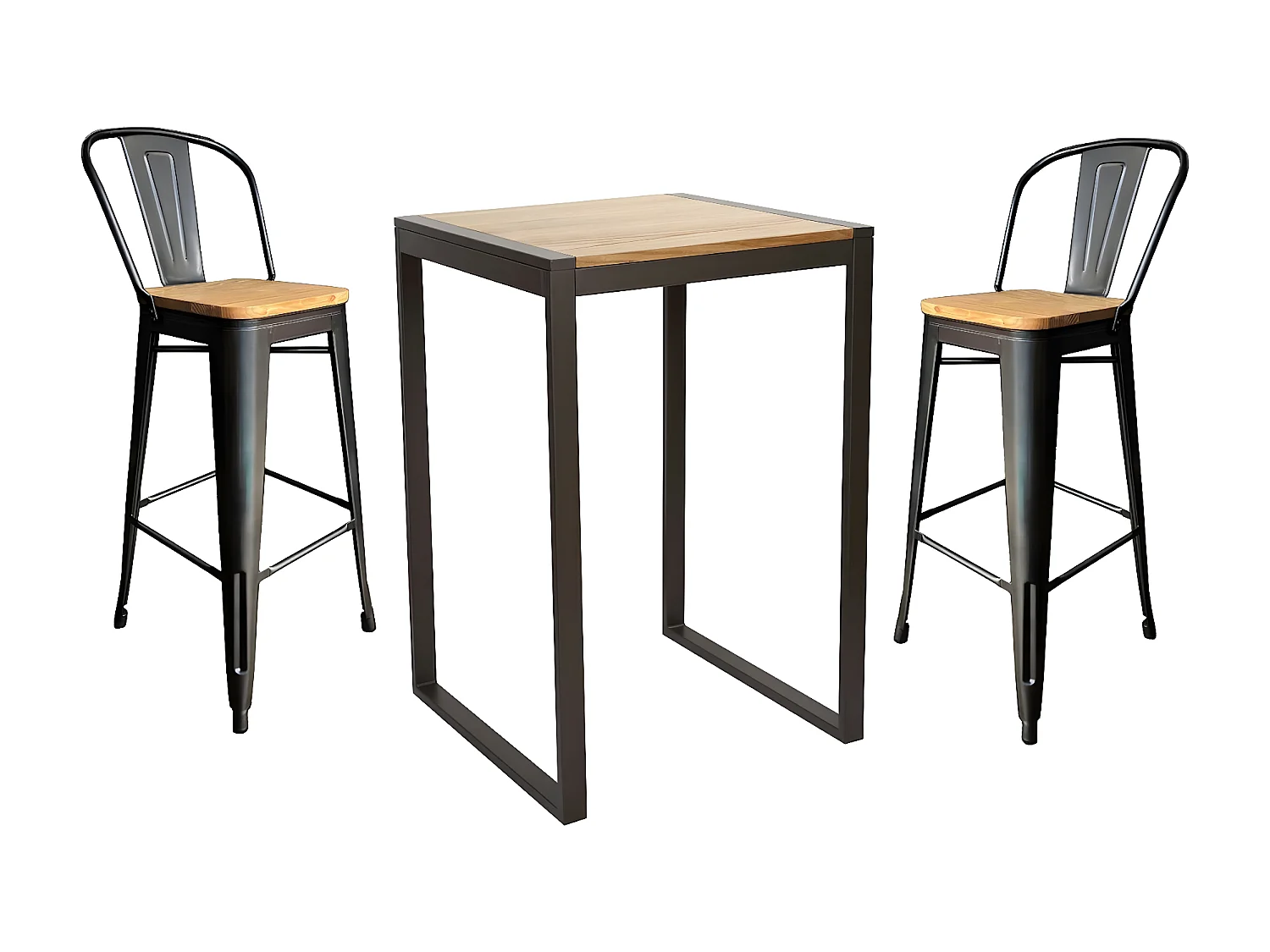 NEVADA - Ensemble table haute en acier et orme massif - 2 chaises