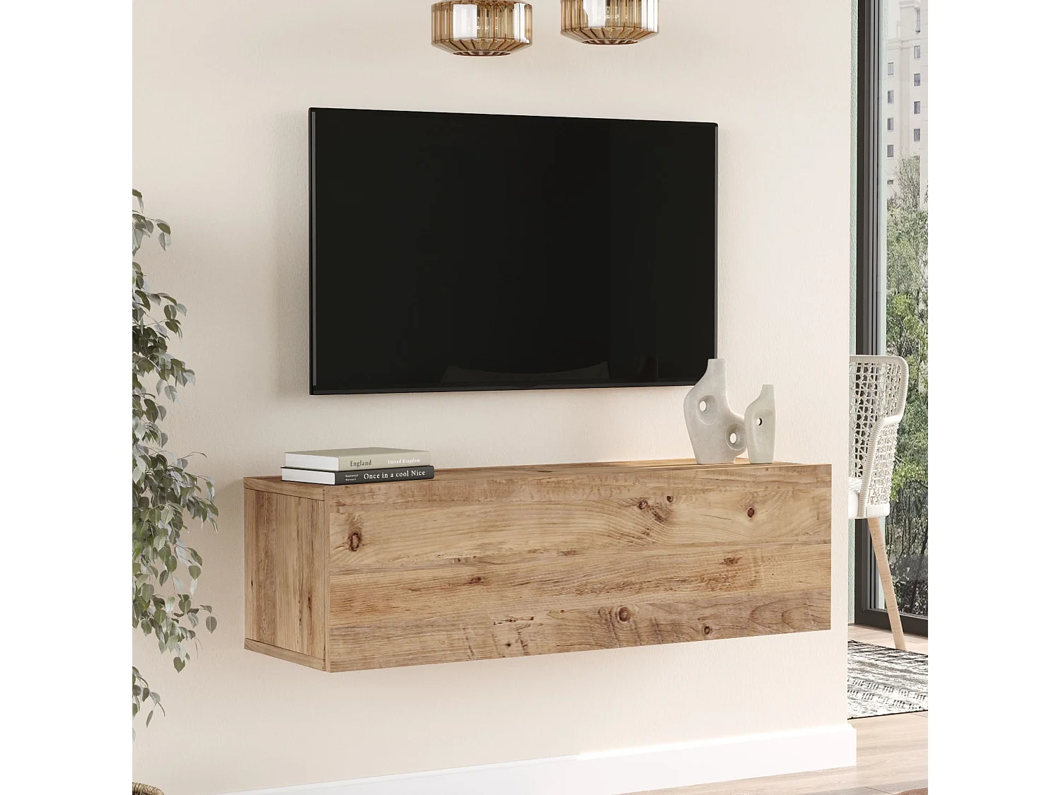 Meuble TV Lapinlahti à porte 29,5 x 100 x 31,5 cm effet bois de pin [en.casa]