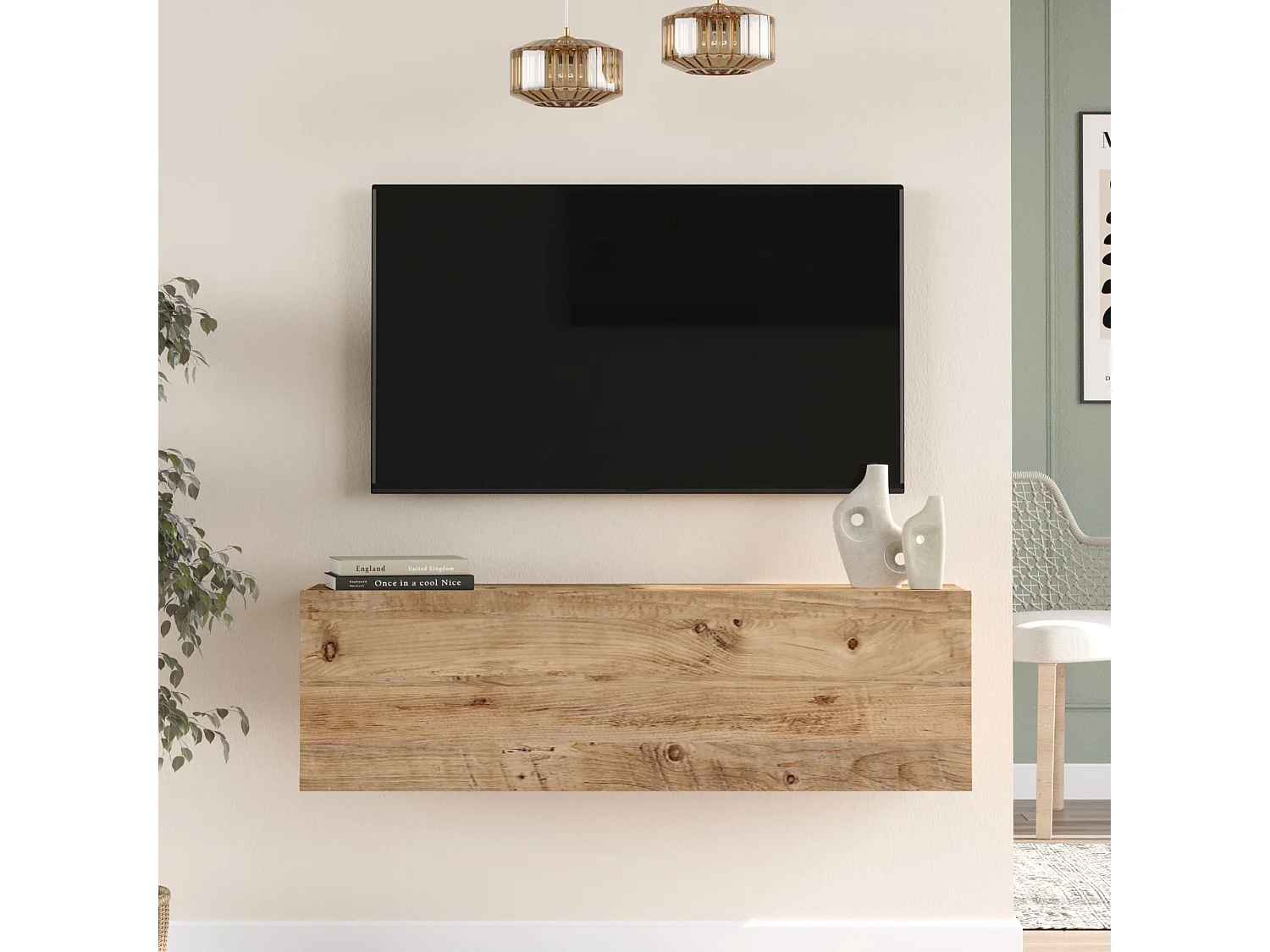 Meuble TV Lapinlahti à porte 29,5 x 100 x 31,5 cm effet bois de pin [en.casa]
