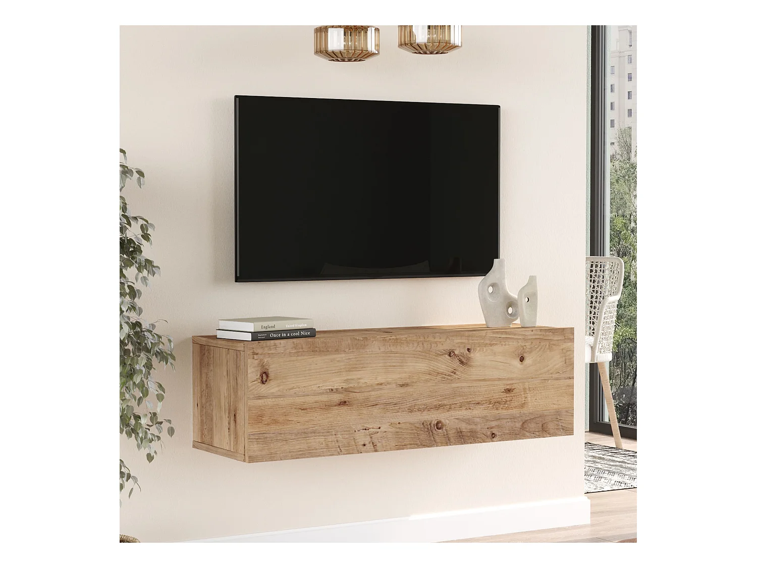 Meuble TV Lapinlahti à porte 29,5 x 100 x 31,5 cm effet bois de pin [en.casa]