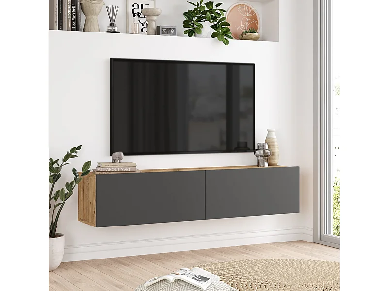 Meuble TV Lapinlahti à 2 portes 29,5 x 140 x 31,5 cm effet bois de pin / anthracite [en.casa]