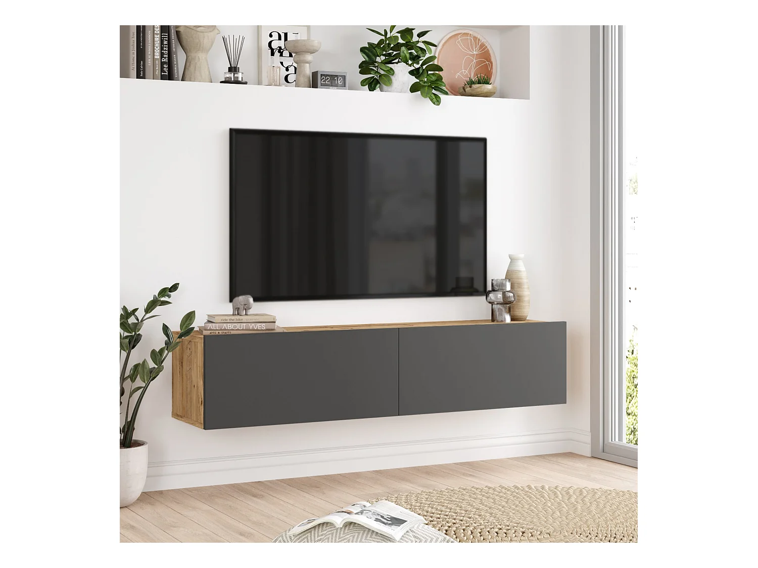 Meuble TV Lapinlahti à 2 portes 29,5 x 140 x 31,5 cm effet bois de pin / anthracite [en.casa]