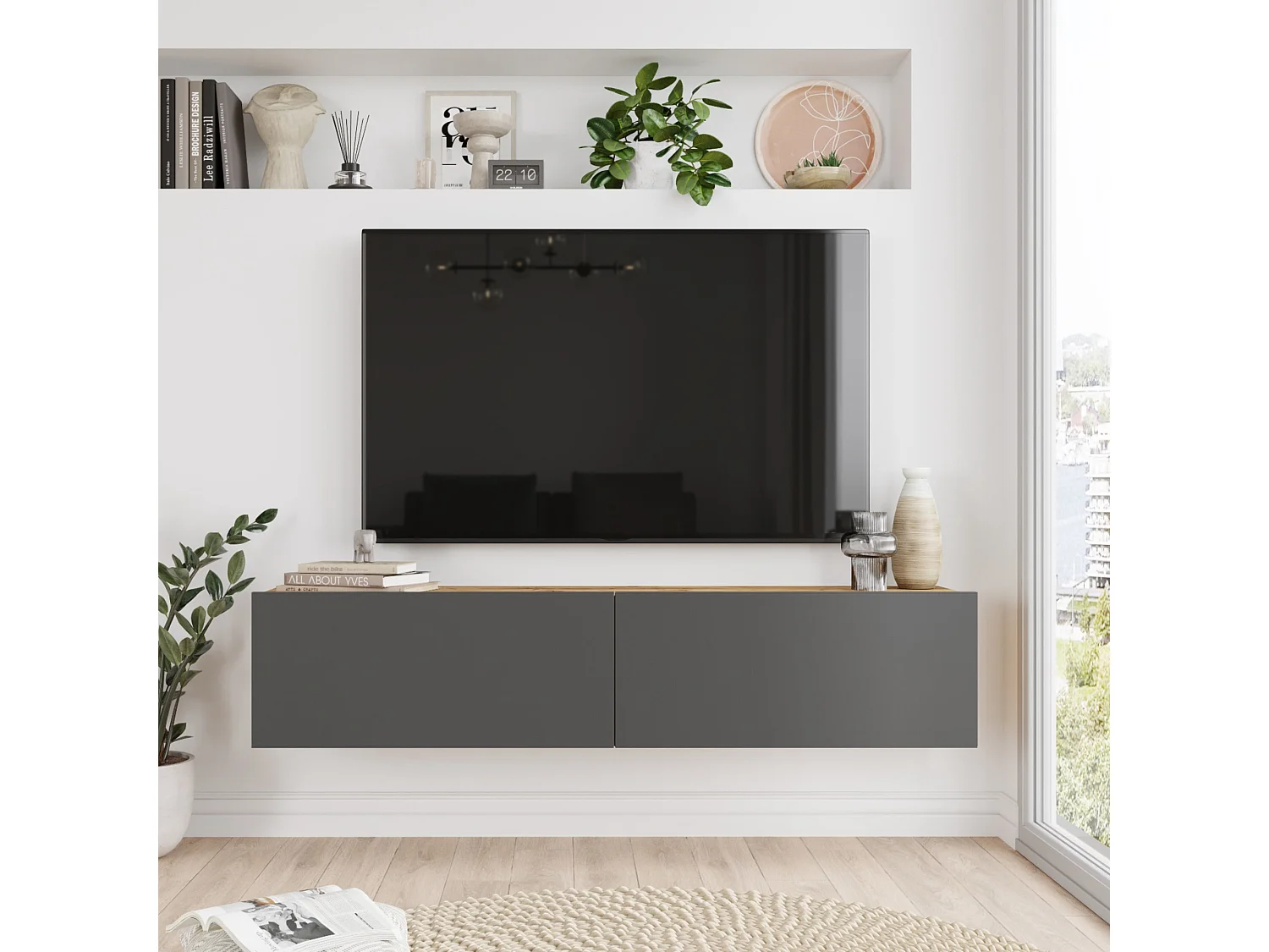 Meuble TV Lapinlahti à 2 portes 29,5 x 140 x 31,5 cm effet bois de pin / anthracite [en.casa]