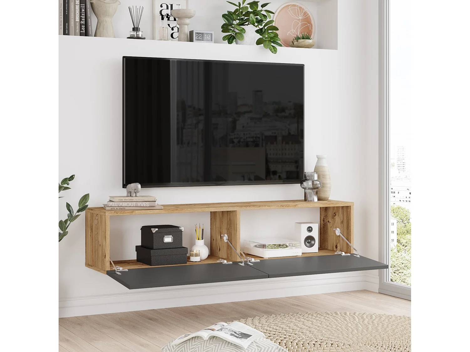 Meuble TV Lapinlahti à 2 portes 29,5 x 140 x 31,5 cm effet bois de pin / anthracite [en.casa]