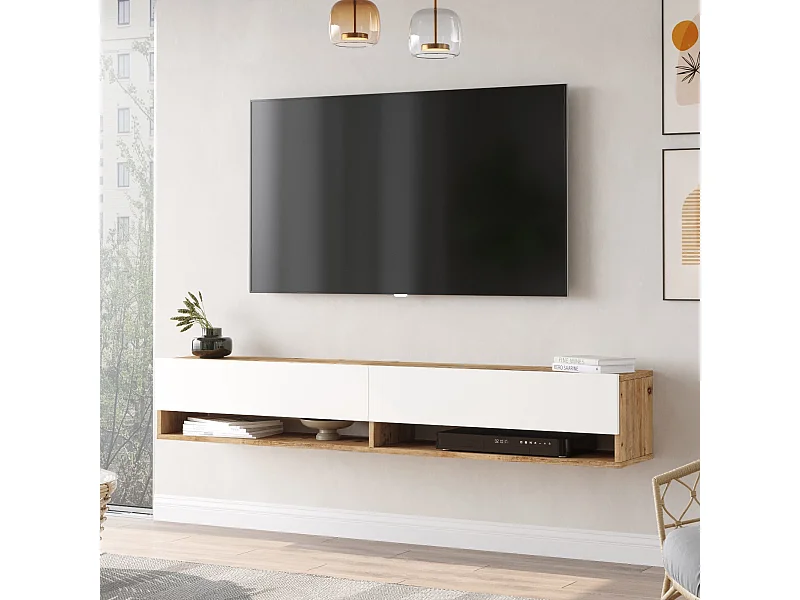 Meuble TV Laitila à 2 portes 29,5 x 180 x 31,5 cm effet bois de pin / blanc [en.casa]