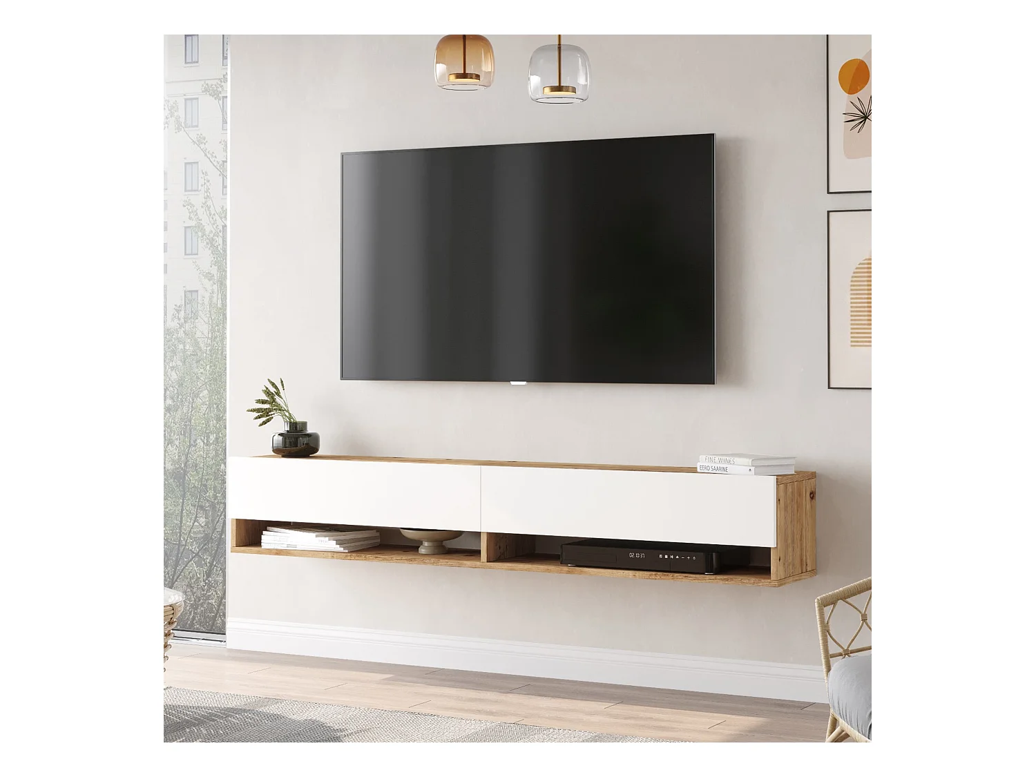 Meuble TV Laitila à 2 portes 29,5 x 180 x 31,5 cm effet bois de pin / blanc [en.casa]
