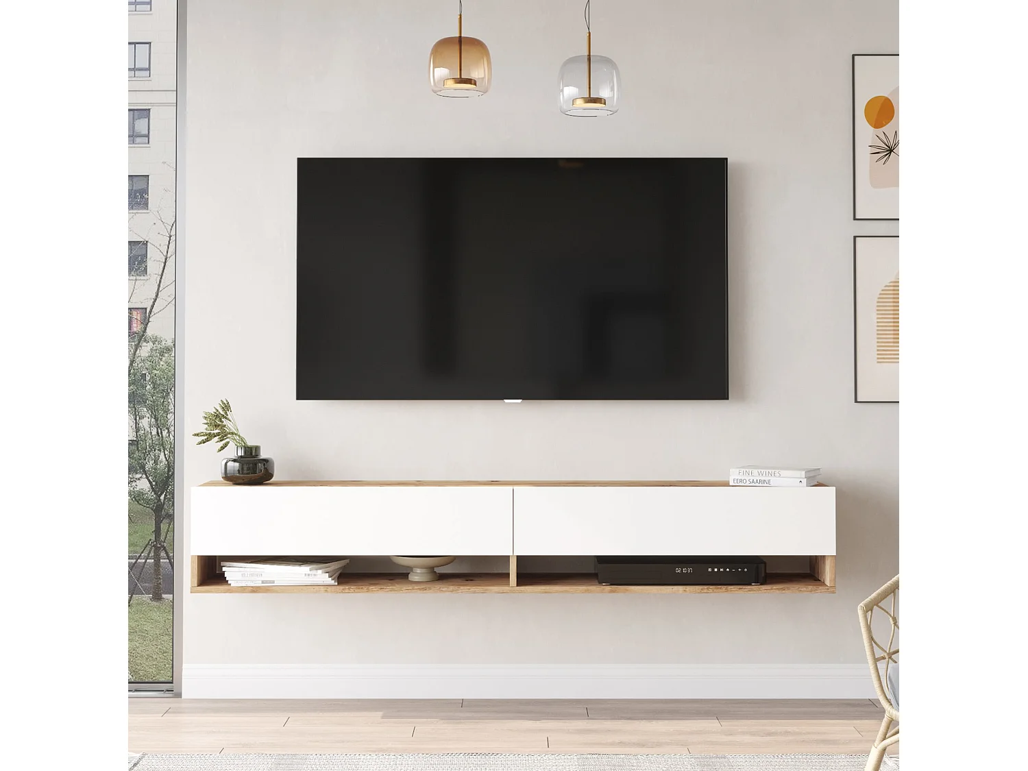 Meuble TV Laitila à 2 portes 29,5 x 180 x 31,5 cm effet bois de pin / blanc [en.casa]