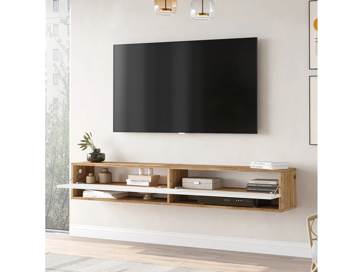 Meuble TV Laitila à 2 portes 29,5 x 180 x 31,5 cm effet bois de pin / blanc [en.casa]