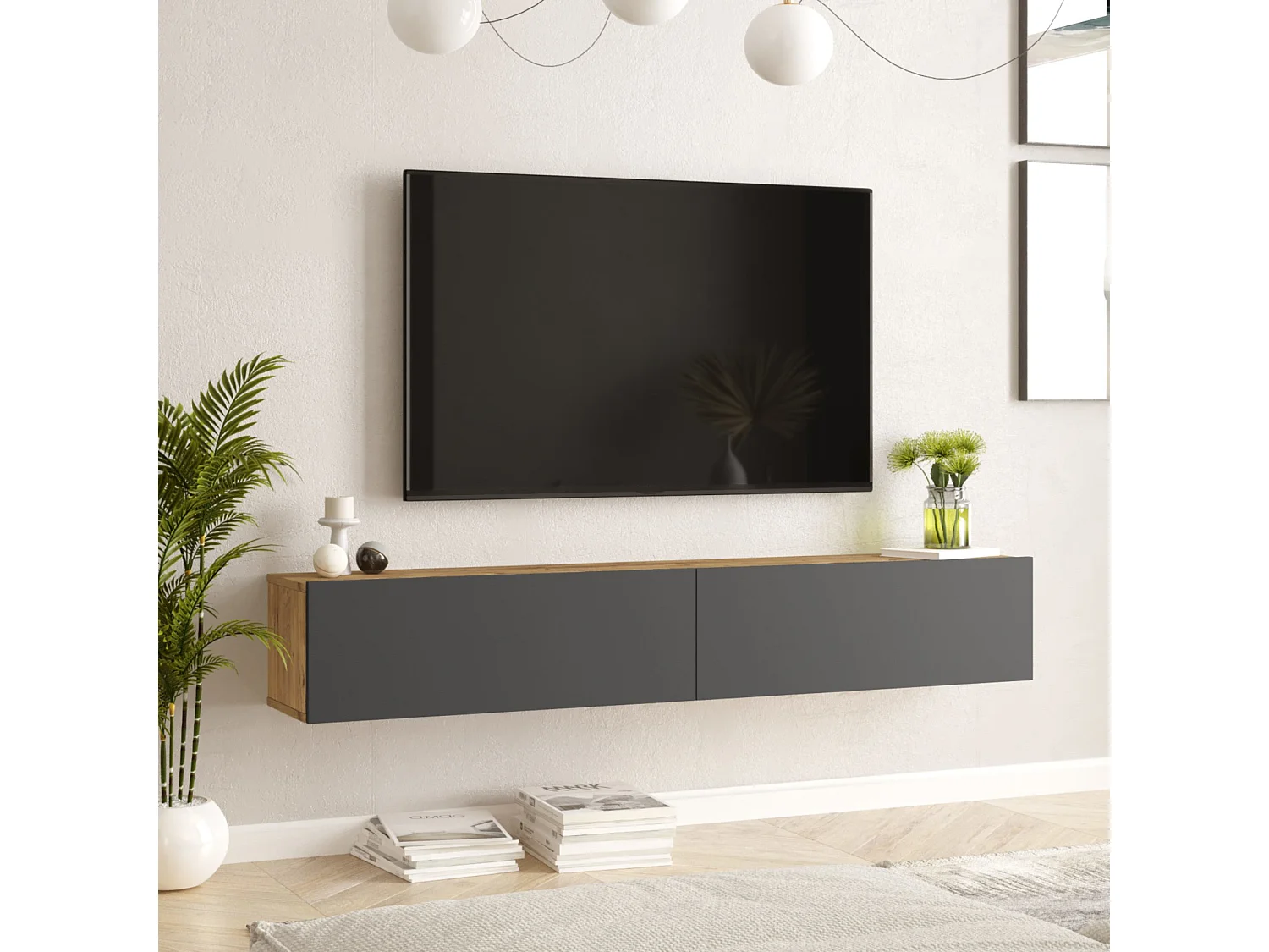 Meuble TV Lapinlahti à 2 portes 29,5 x 180 x 31,5 cm effet bois de pin / anthracite [en.casa]