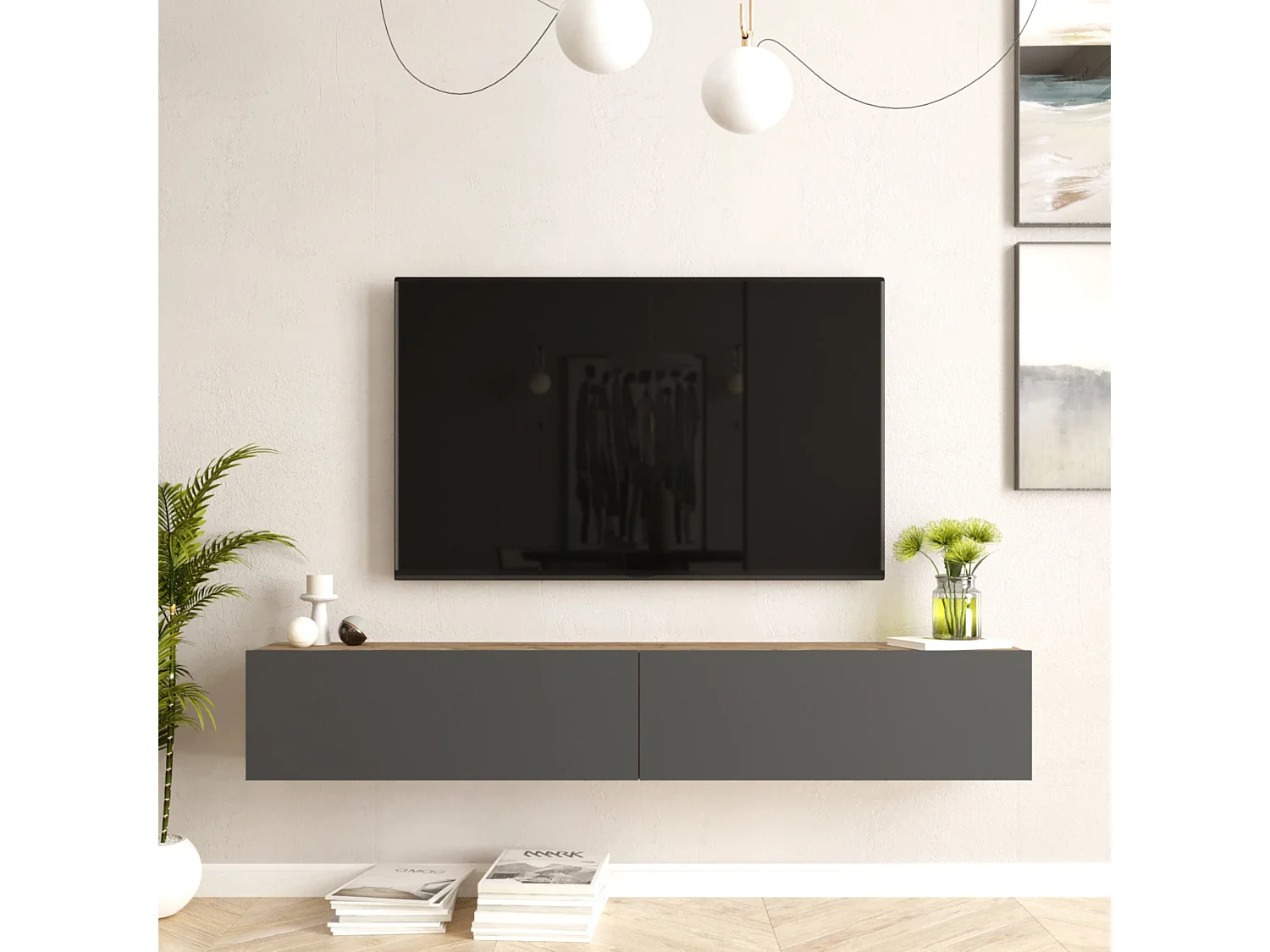 Meuble TV Lapinlahti à 2 portes 29,5 x 180 x 31,5 cm effet bois de pin / anthracite [en.casa]