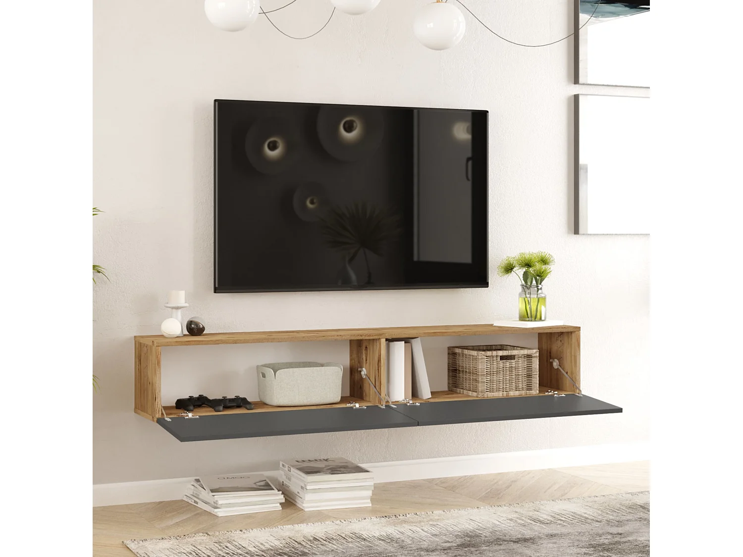 Meuble TV Lapinlahti à 2 portes 29,5 x 180 x 31,5 cm effet bois de pin / anthracite [en.casa]