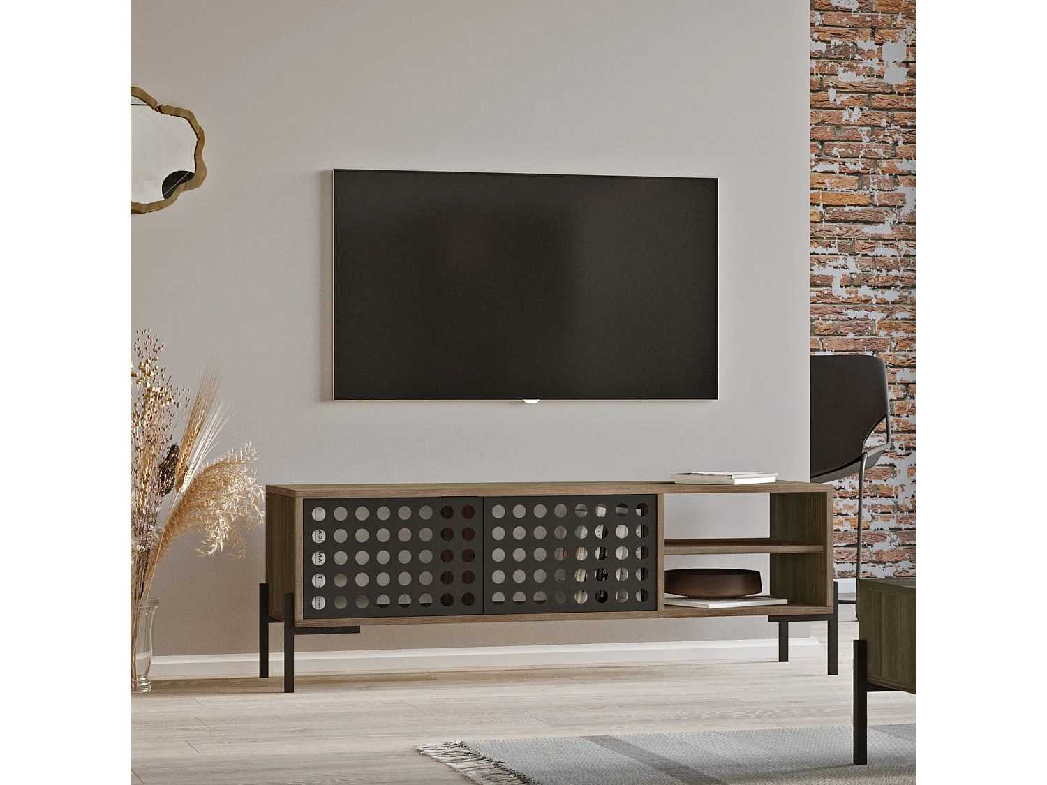 Meuble TV Lemi à 2 portes 49 x 144 x 40 cm chêne gris / anthracite [en.casa]